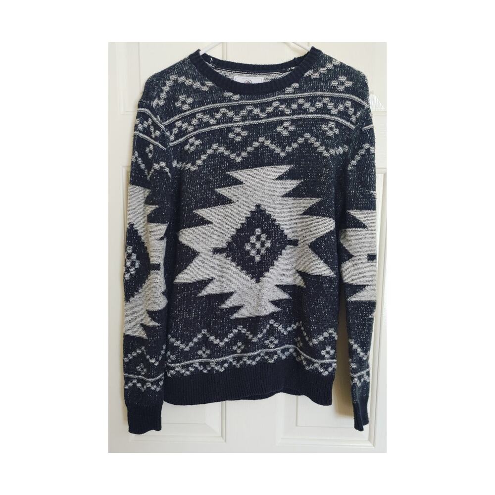 Mens Sweater On The Byas Aztec Geometric Black Gray Small